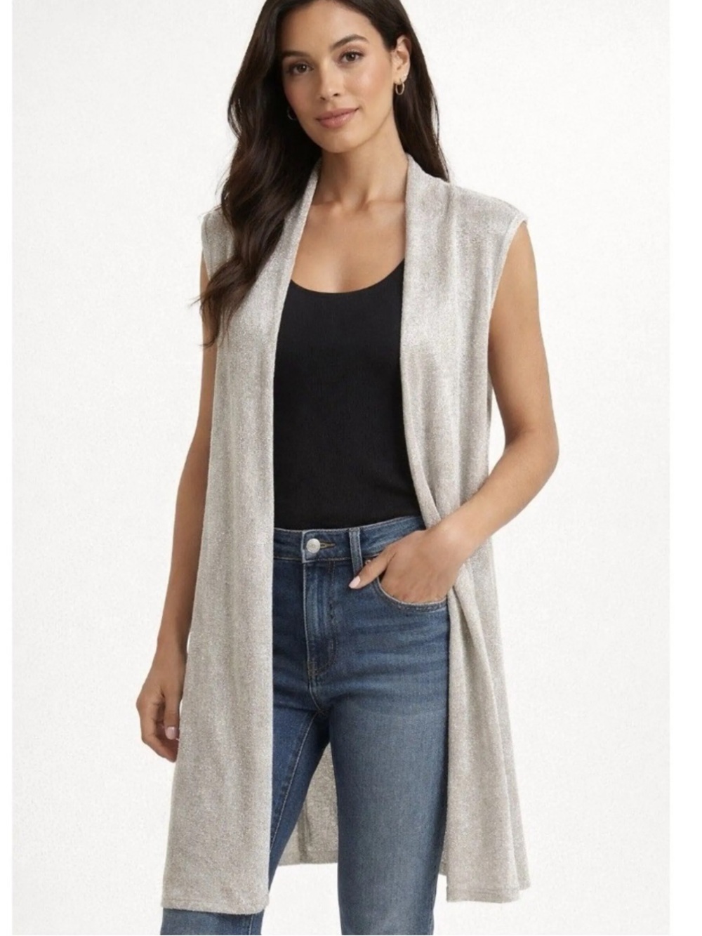 White House Black Market Light Cream Open-Front Sleeveless Cardigan
